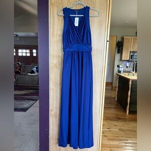 Blue Ruched Sleeveless Maxi Dress